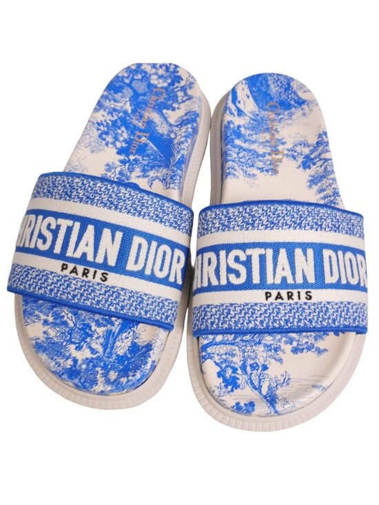 Dior Blue Toile de Jouy Cloth Mules Sandals Size 40 IT Dior Dway Ring Blue